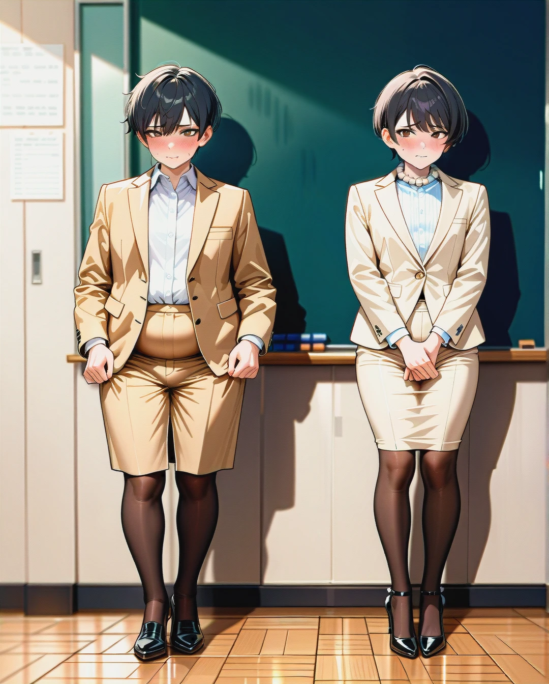 (fat), (futanari) (reverse_trap), flat chest, (shy), sweat, (brown_eyes), black pixie cut hair, (own_hands_together), standing, beige suit, pearl beads, white blouse, beige pencil skirt, brown stockings, black high heel pumps, classroom, blank chalkboard, holding a book