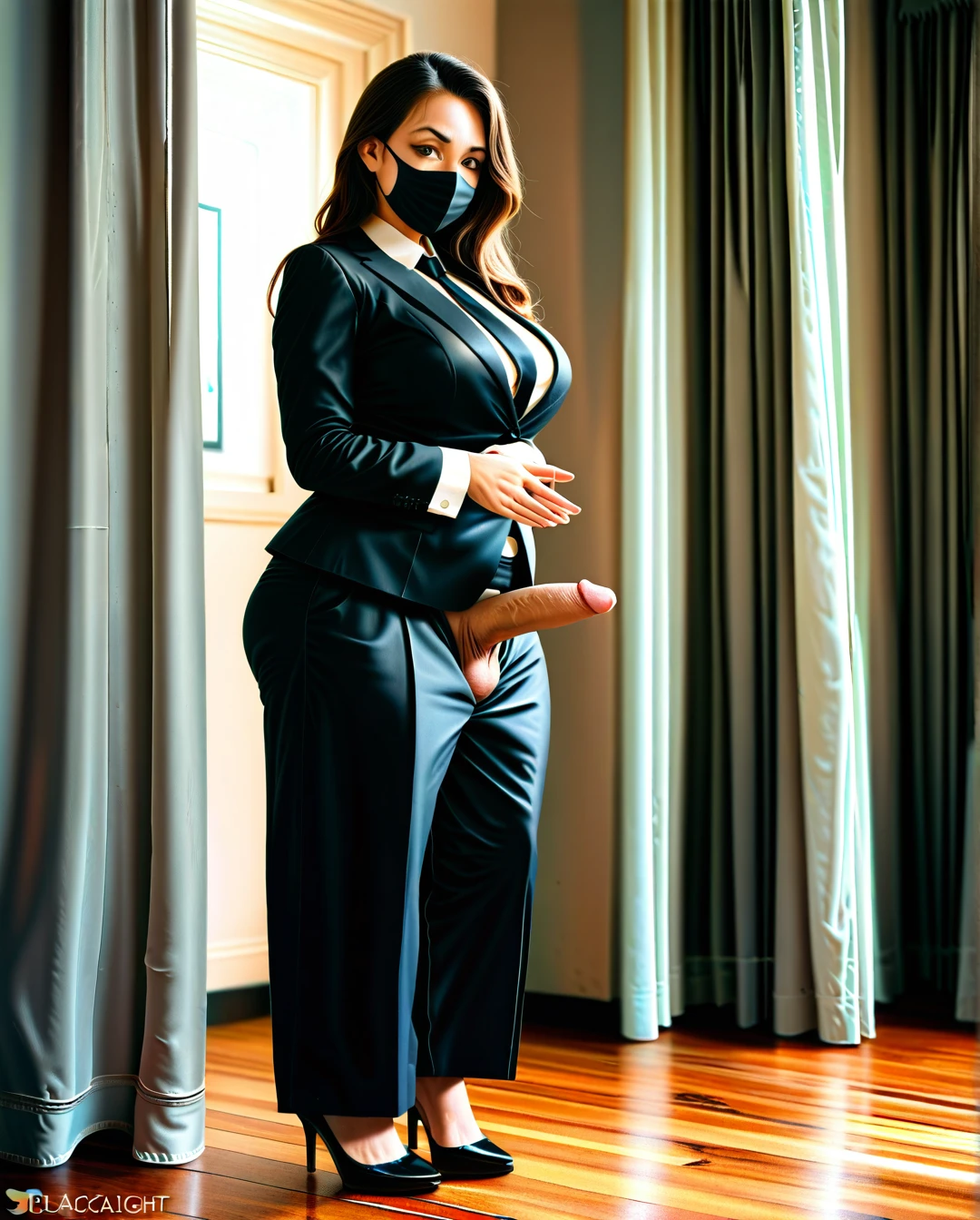 (fat) (mature_female) (full-package_futanari), fat eyebrows, (brown_eyes), stage near curtains, black long sleeve buttoned-up suit, black tie, black lowered long wide trousers, black high heel pumps, penis out, (own_hands_together), standing, facemask