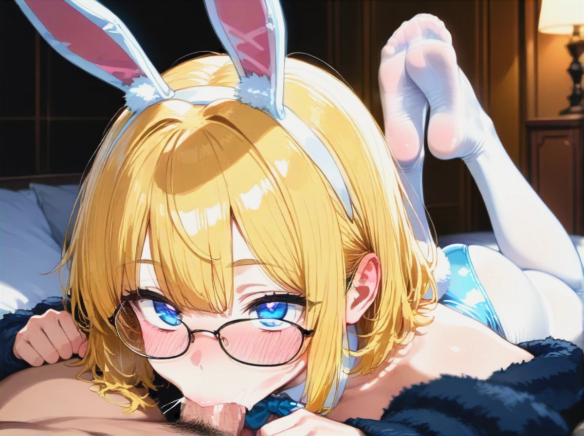 blond hair, blue eye, (fellatio), (the_pose), bunny suit, (:>=), (feet), white stocking, glasses, (blush),