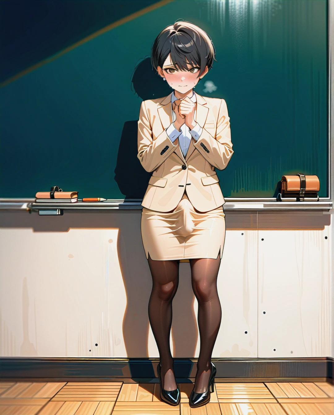 (fat), (futanari) (reverse_trap), flat chest, (shy), sweat, (brown_eyes), black pixie cut hair, (own_hands_together), standing, beige suit, pearl beads, white blouse, beige pencil skirt, brown stockings, black high heel pumps, classroom, blank chalkboard, holding a book