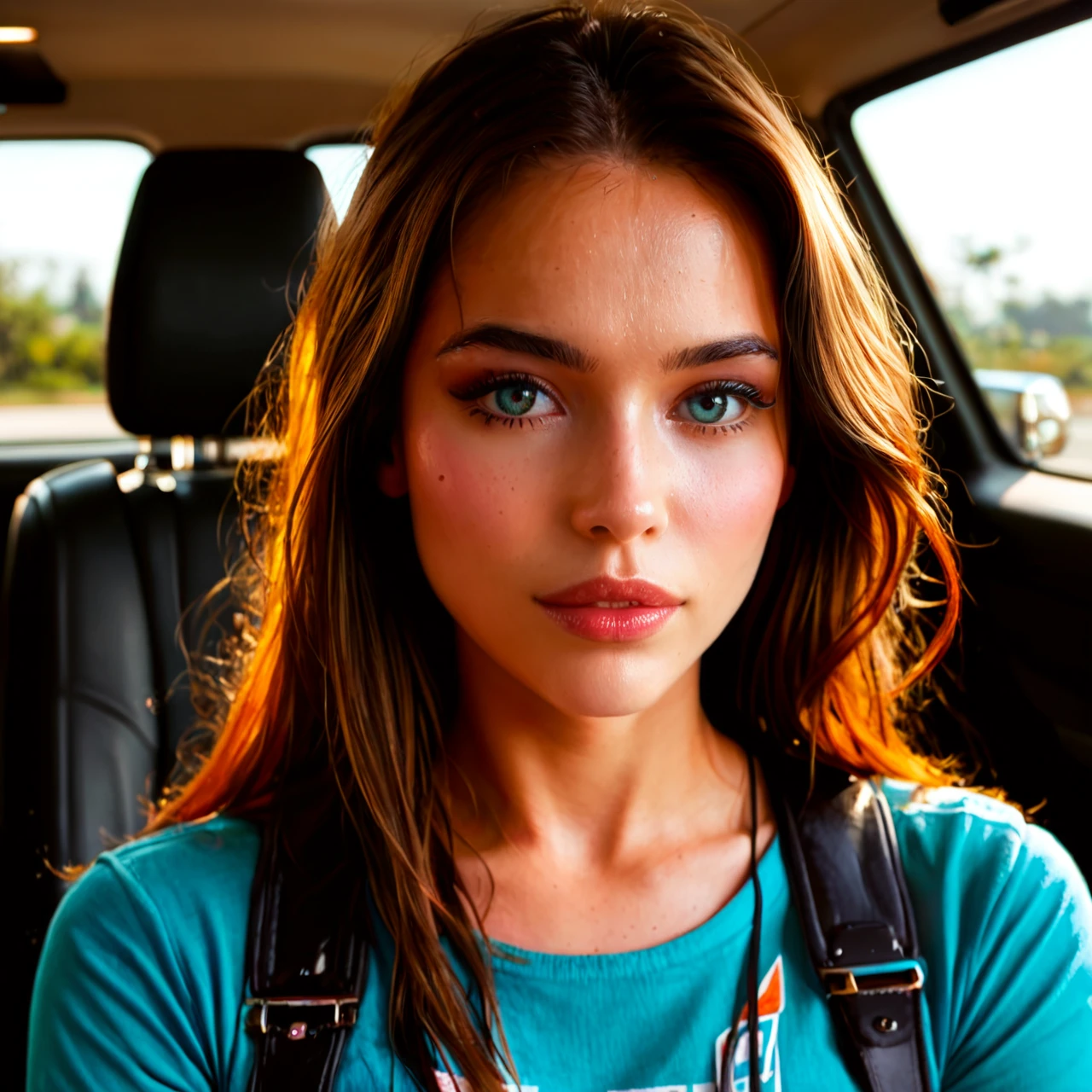 college girl in harness car seat