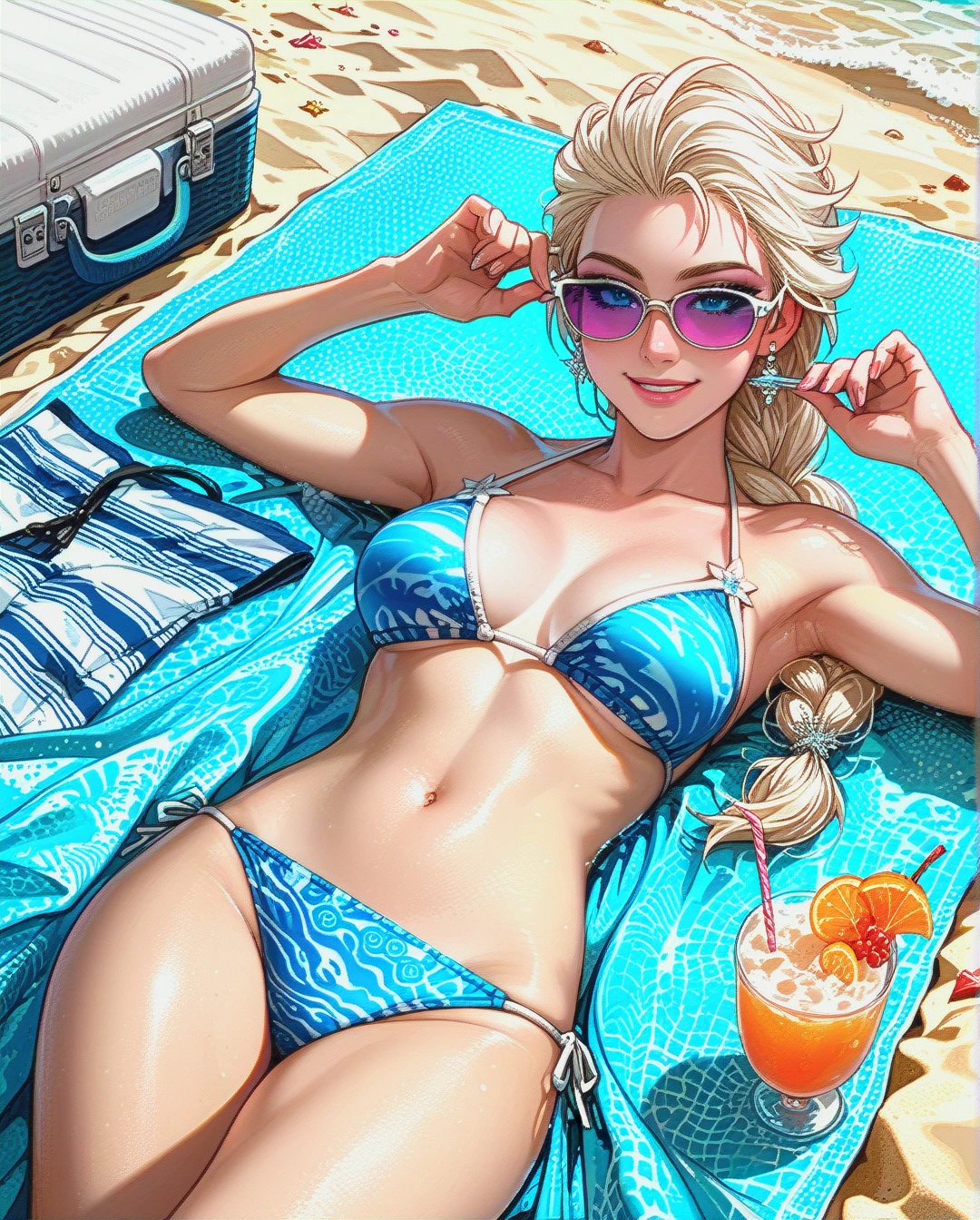 Elsa, blue and white stripped bikini, sunglasses, sunbathing, holding drink, laying on beach towel, looking at viewer, smiling,