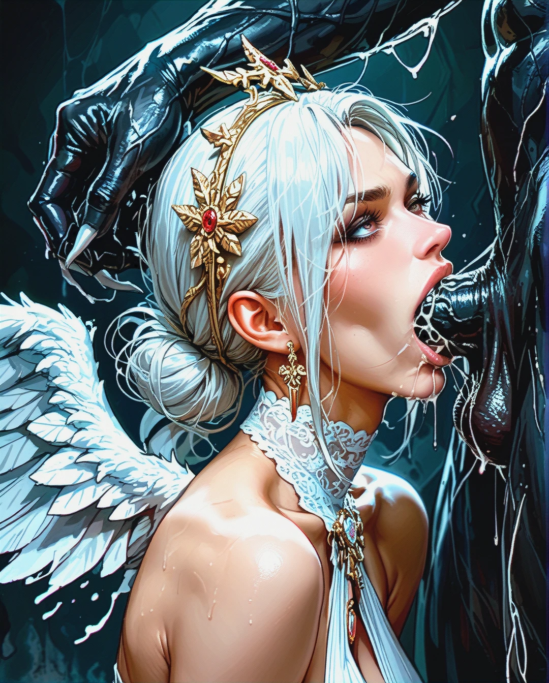 Real Angel, Sucking the Venom's Cock, Hard Cock Sucking, in Hell, Forcibly sex, DeepThroath style, Ass showing, (deepthroat), white eyes