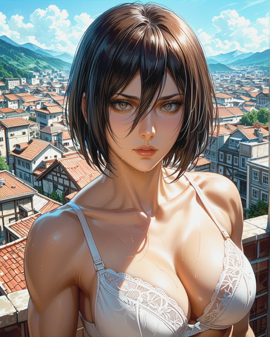 Mikasa, attack on titan, mature,face ,white bra underwear, rooftop building,at top mountain,