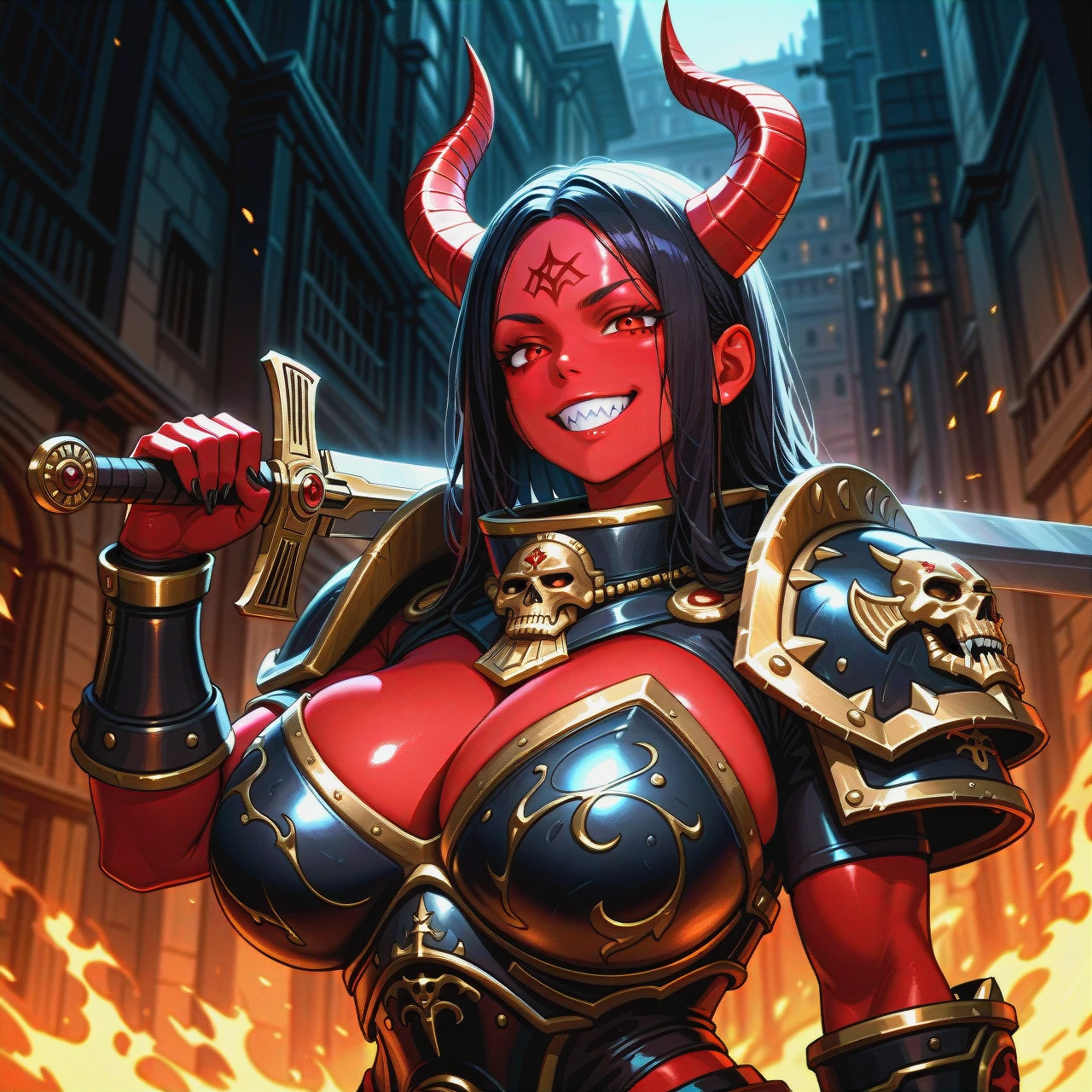 1girl, daemon Prince, red skin, (grin), warhammer 30k, female daemon Prince, Khorn, horns, sharpen teeth, (breastplate), (huge_breasts), (full_body), sword in hand