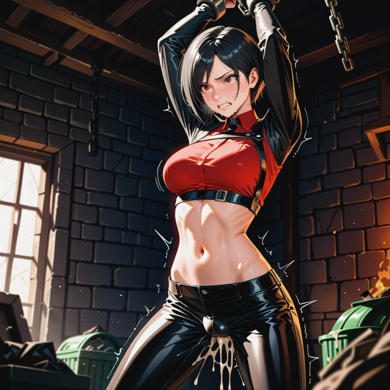 Ada wong, skinny, clothed, vaginal fuck by Tyrant, fucking (suspension) , chained, in a dungeon, (clenched_teeth) (scared) (panicking), tears , deep thrusting, (stomach_bulge) grabing hips , cum inside, trash (cumdrip) (deep_penetration) (full_body)