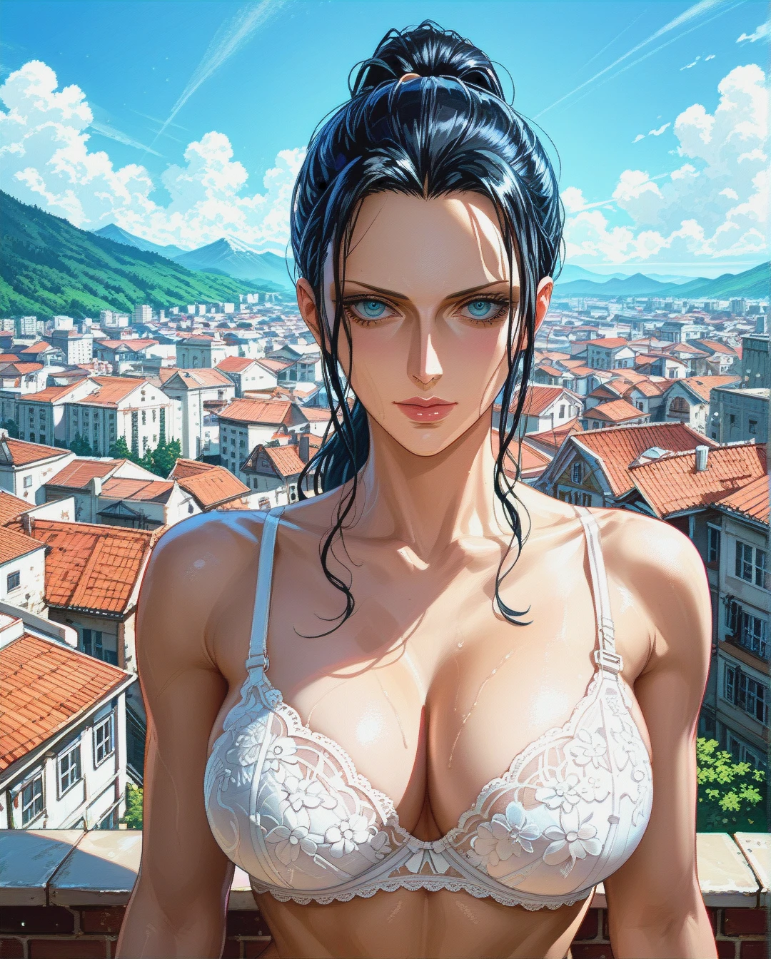 Nico robin, ponytail, attack on titan, mature,face ,white bra underwear, rooftop building,at top mountain,