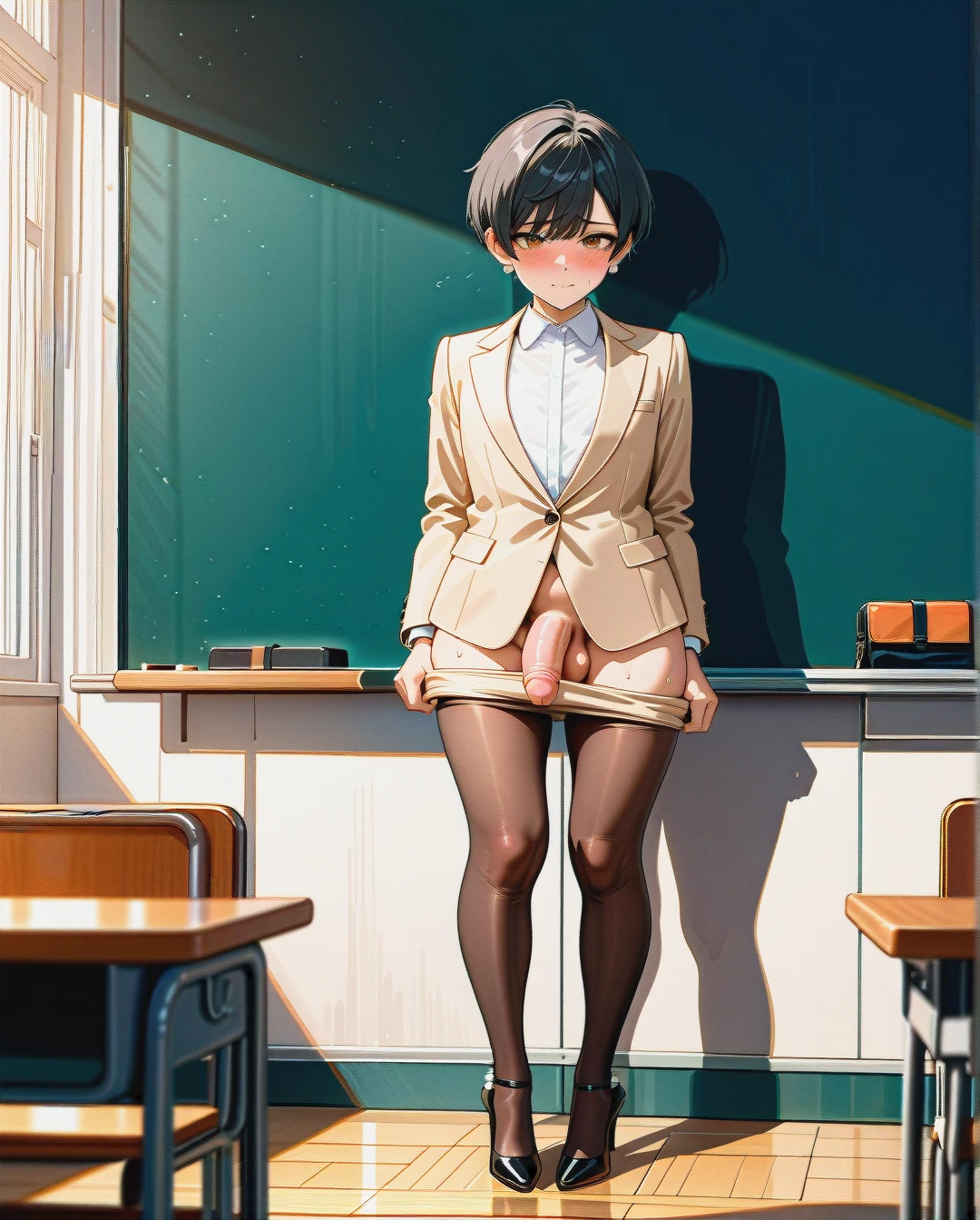 (fat), (futanari) (reverse_trap), flat chest, (shy), sweat, (brown_eyes), black pixie cut hair, (clothes_pull), standing, beige suit, pearl beads, white blouse, beige pencil skirt, brown stockings, pearl high heel pumps, classroom, blank chalkboard