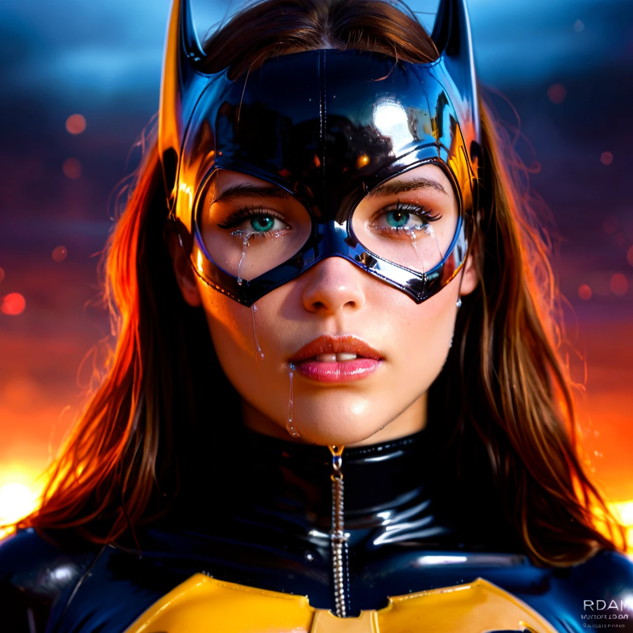 Batgirl, (crying) latex costume, virgin, bound, peril, young