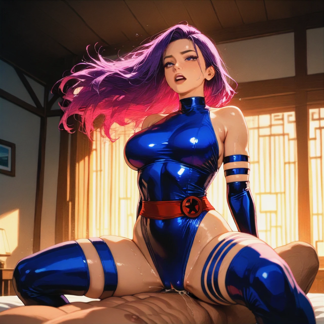 Character psylocke, in the style of marvel rivals, riding a dick, having sex, head up in the air in pure ecstasy