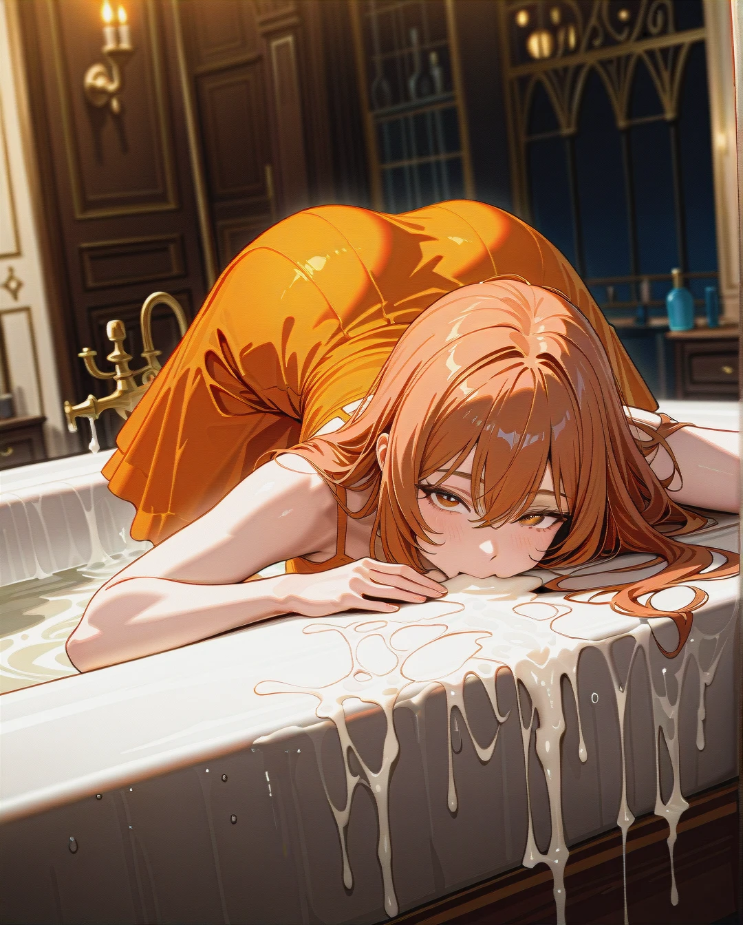 1girl,solo, a girl, self_sucking, cum_bath, cheek_press,four_arms,broad_shoulders, orange_sundress,baggy_socks,tie_clip,no_shoes, royal_bedroom, daphne_blake