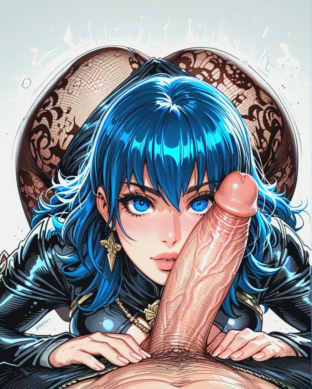 @byleth, 1girl, 1boy, pov, penis near the face, hyper big penis, big balls, big ass, lace pantyhose