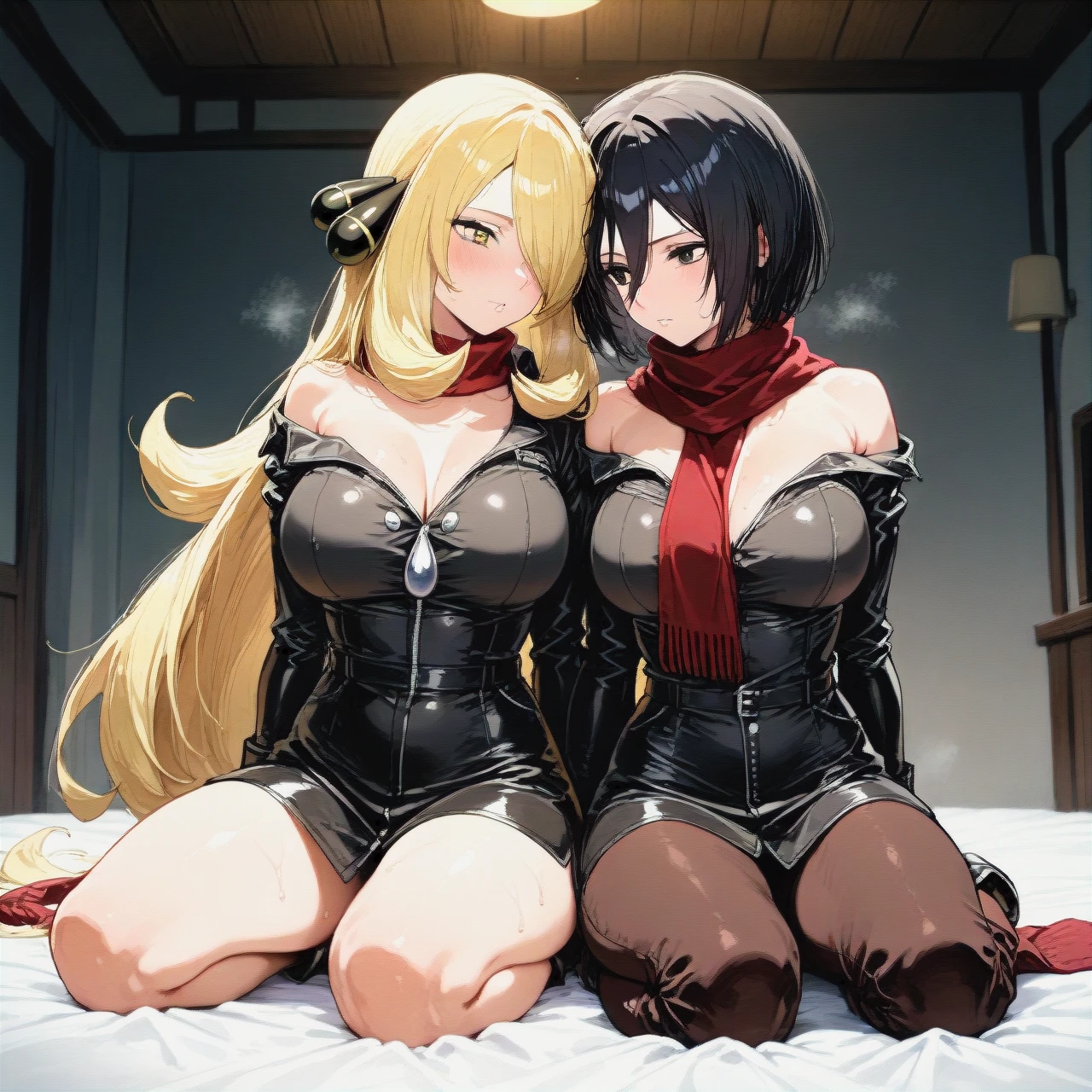 @mikasa_ackerman (undressing)  (kneeling) @cynthia (kissing_neck)