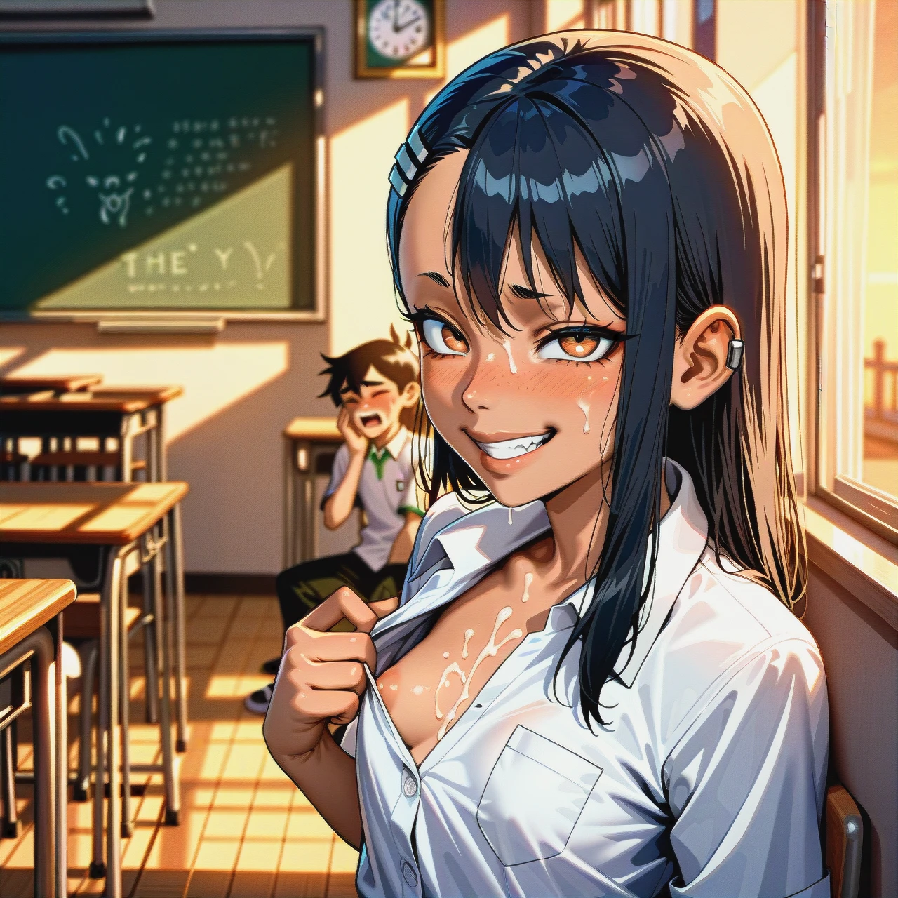 @nagatoro_hayase, , in school uniform, (full_body), (arched_back)  @ben_tennyson, school uniform, ben (ben10 fucks (hayase) doggiestyle ,creampie, shirt pulled up, 2 people must be in view, in classroom,evening, He comes on her face, her lips, her throat and his white sperm trickles down her body as she has a copious squirt that soils the floor with his sperm.