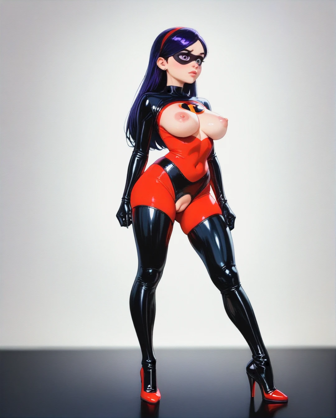 @violet_parr, crotchless lingerie, standing (legs_apart) full body view, breasts out, suit ripped off