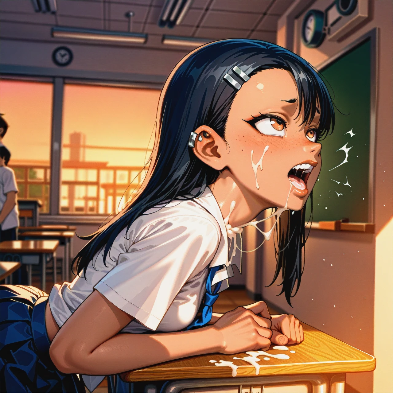 @nagatoro_hayase, , in school uniform, (full_body), (arched_back)  @ben_tennyson, school uniform, ben (ben10 fucks (hayase) doggiestyle ,creampie, shirt pulled up, 2 people must be in view, in classroom,evening, He comes on her face, her lips, her throat and his white sperm trickles down her body as she has a copious squirt that soils the floor with his sperm.