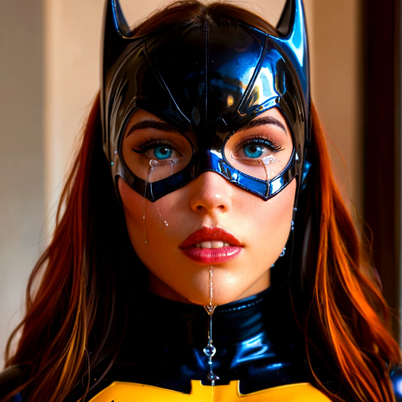 Young @batgirl, (crying) latex costume, (torture) (full_scorpion)