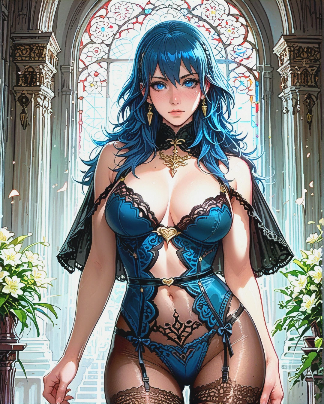 @byleth, solo, lingerie, busty, big hips, lace pantyhose