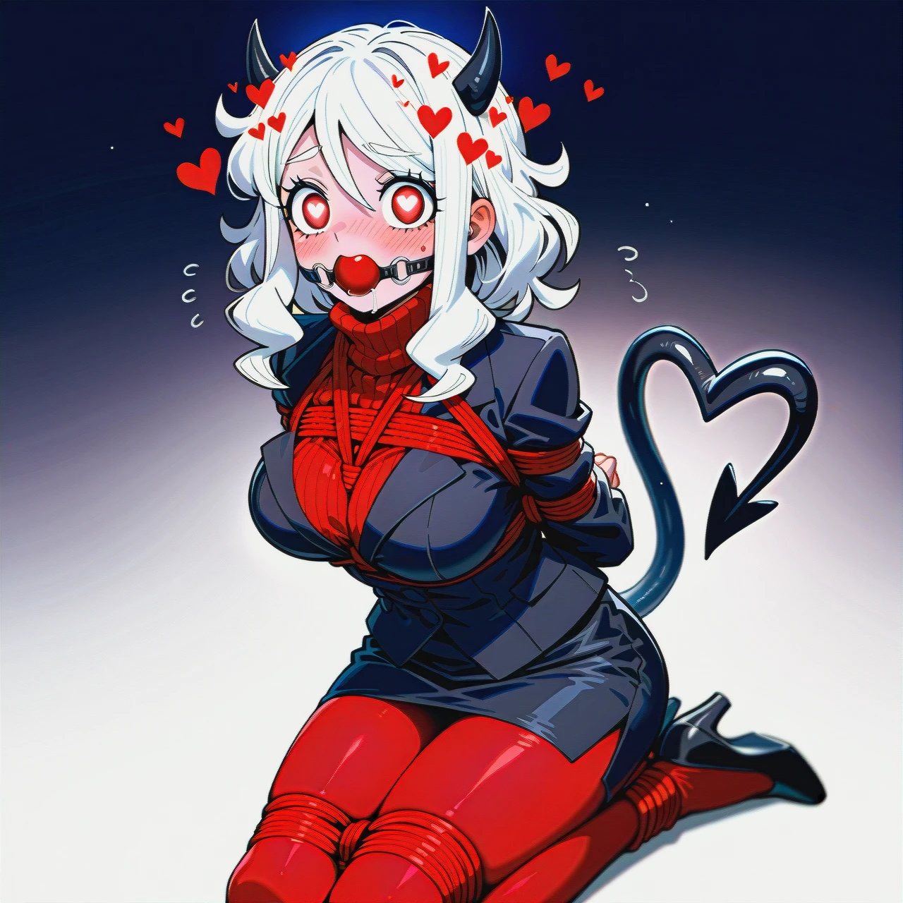 1girl, black horns, black jacket, black skirt, black suit, black tail, blush, breasts, demon girl, demon horns, demon tail, formal, gradient background, hair between eyes, heart, heart-shaped pupils, heart tail, horns, jacket, large breasts, long sleeves, medium hair, miniskirt, @modeus \(helltaker\), pantyhose, pencil skirt, red eyes, red pantyhose, red sweater, ribbed sweater, skirt, sleeves past wrists, solo, suit, sweater, symbol-shaped pupils, tail, turtleneck, turtleneck sweater, white hair, bondage, gagged, gag, ball gag, bound, bound ankles, bound arms, bound legs, rope pattern on chest, black rope, (bondage), (shibari)