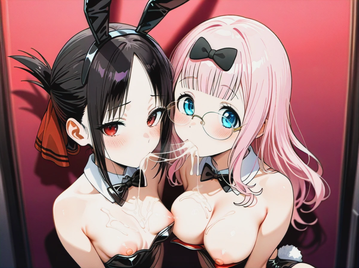 @shinomiya_kaguya @fujiwara_chika (orgy) (bunny_pose) (no_nipples) (cum_on_breasts) (cum_on_eyewear) (bukkake) (love_train) (bisexual_female) (cum_on_body) (cum_in_mouth) (cum_on_hair) (testicle_sucking)