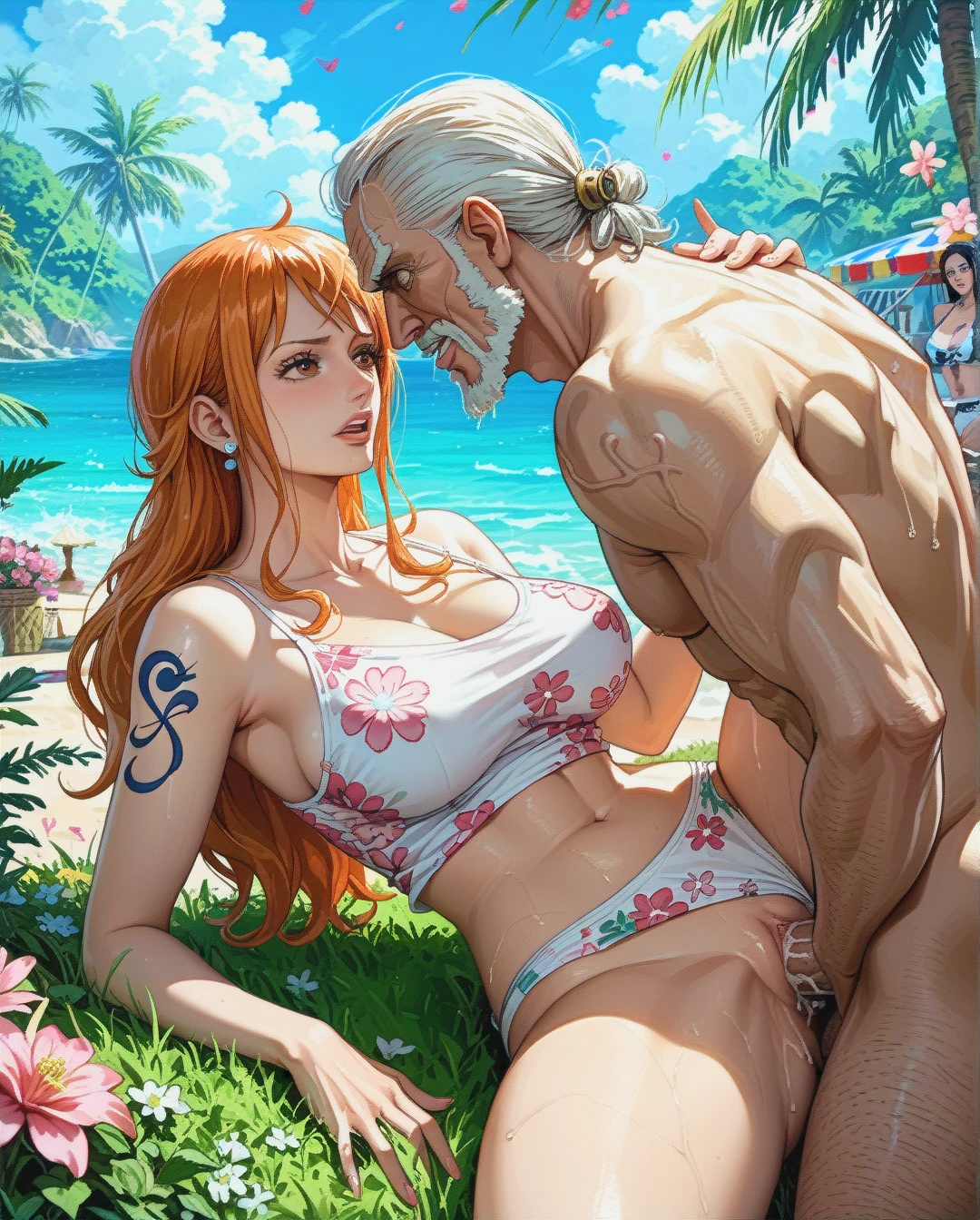 @nami, attack on titan, crop top camisole pink floral, underwear pink floral, outside, mature, sex,oldman