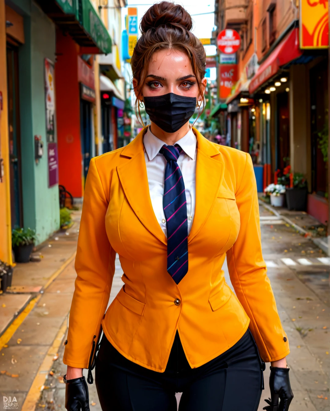 (fat) (futanari) mature slavic woman, black in a bun, black facemask, (crazy_eyes), yellow buttoned-up suit, black striped tie, black gloves, yellow ironed long wide trousers, black high heels, standing, (hands_on_hips), blush, sweat, penis out, precum, classroom