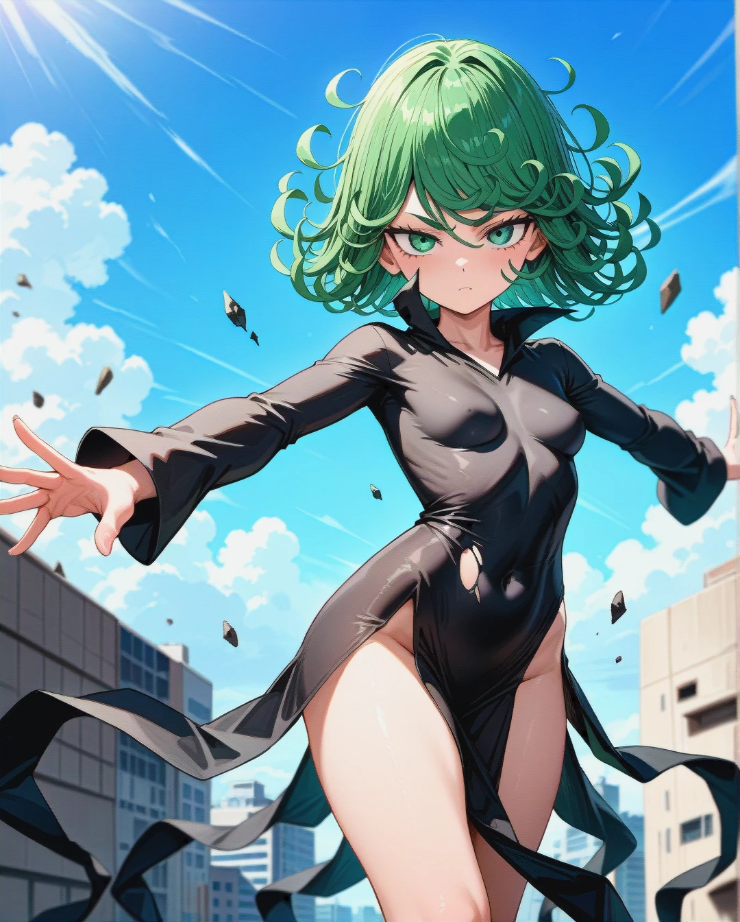 @tatsumaki, (perfect face: 1,2), (very skinny: 1,1), in torn black dress with long sleeve, floating, day, front view, serious, (outstretched_arms)