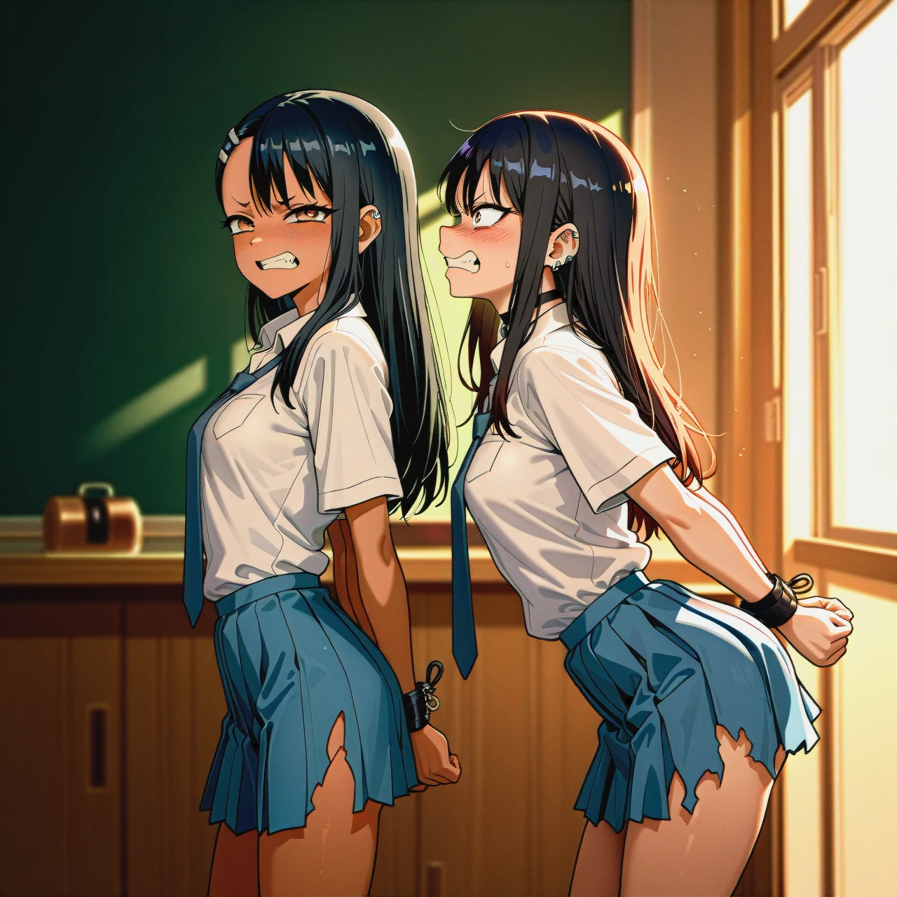 @nagatoro_hayase, (skinny), in school uniform, (leaning_forward), hands are linked behind her back, (bondage), torn skirt, angry, @kitagawa_marin, fuck Nagatoro's anal, big dildlo, side view