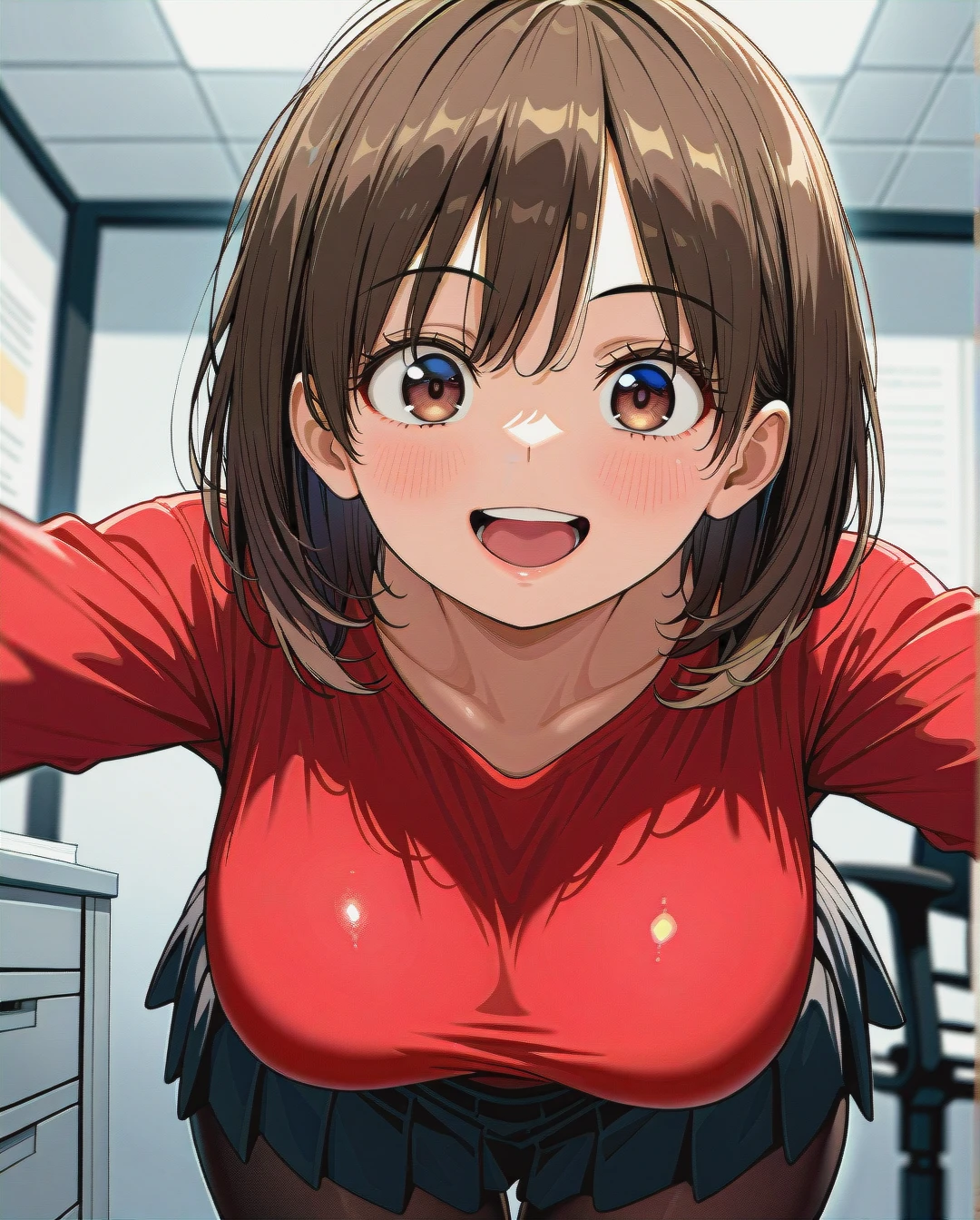 one woman, red shirt, black pleated skirt, black pantyhose, sexy pose, boobs, large breasts, cute face, beautiful face, big eyes, excited, medium hair, saddlebrown hair, from front, focusing, looking at viewer, in the office, high quality, Style Nora higuma