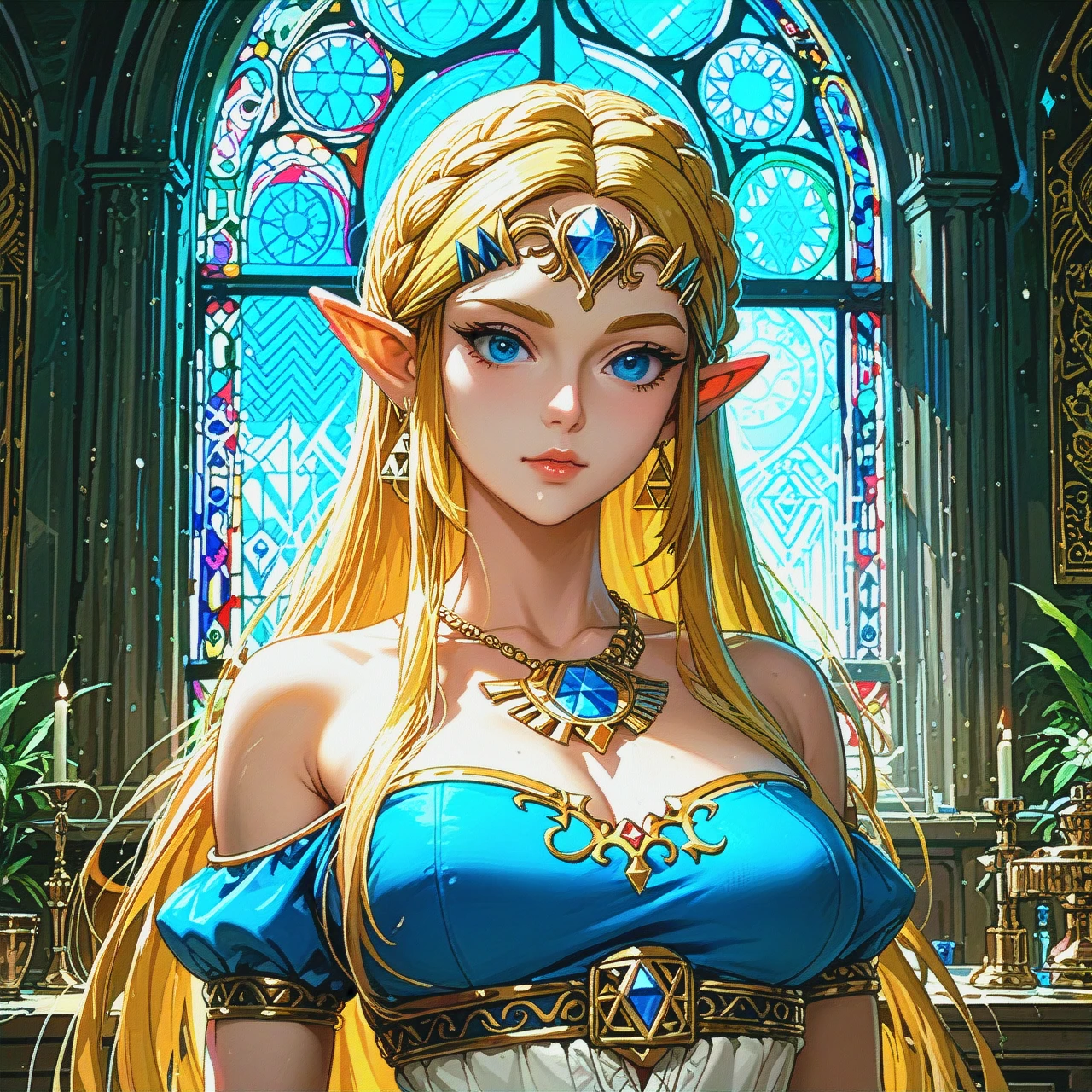 @princess_zelda, big boobs, in prison tower, looking at window, chest jewel, hopeful