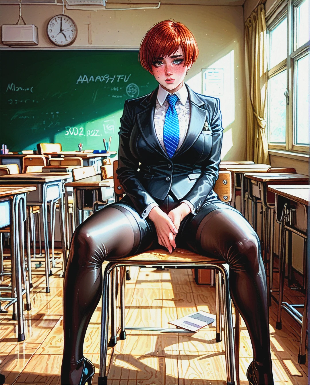 (plump), (reverse_trap), (futanari), brunette pixie cut hair, freckles, (shy), black buttoned-up suit with tie, blue striped tie, bottomless, white lace stockings, black Mary Jane high heel pumps, (futanari_masturbation), sitting on a chair, classroom, precum