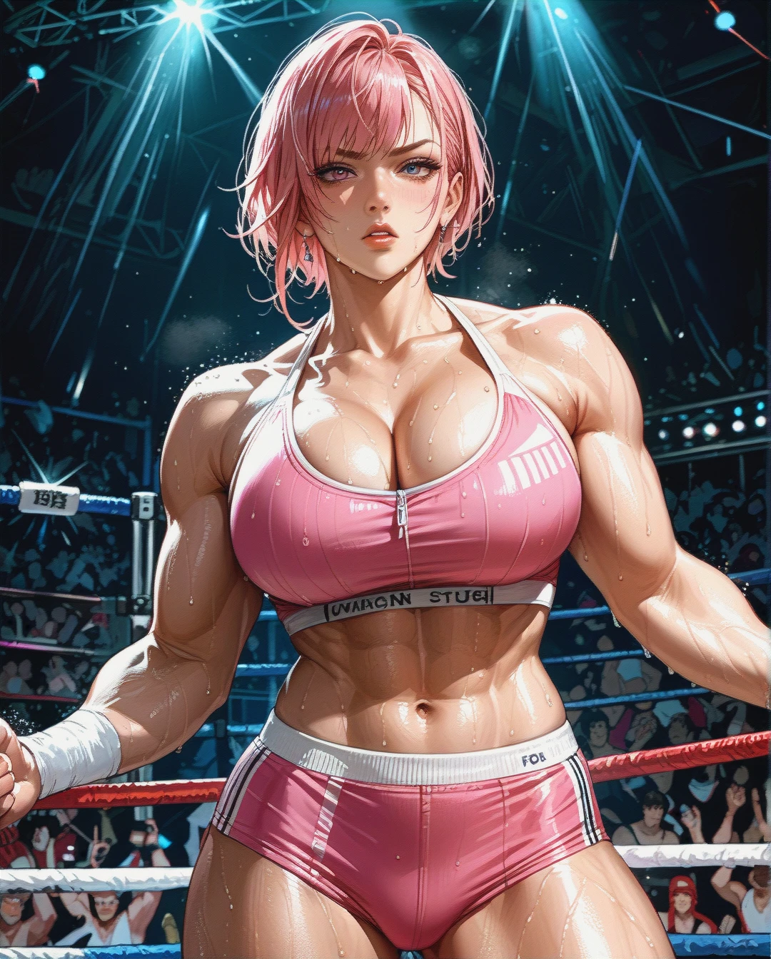 Boxer fighter in stage, sweating, cleavage, voluptuous, muscle, tight pink swimsuit,