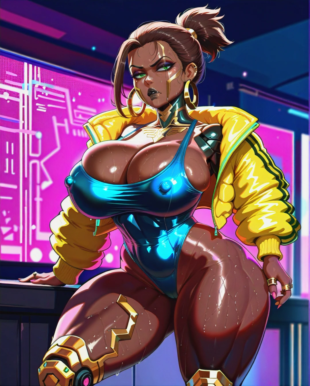 Cyberpunk 2077, black woman, brown dark skin/black skin, green eyes, gold septum ring, a lot of gold hoop earrings (doubled, a lot, massive hoops, multiple, large, lobe), cybernetic arms (blue, pink spikes, sharp pink nails), cybernetic legs velvet, pink details, elaborate knee design), nose septum piercing, neon yellow jacket (black accents), blue swimsuit (deep cleavage), high-heeled pink cyberlegs, colossal breasts, milf, muscular, abnormally huge tits, heavy boobs, erect nipples, muscular body, thick body, plump muscular, white faceplate, pink cyberlimbs, septum piercing golden, a lot of huge and chunky hoop earrings  hairstyle: wavy topknot, brown hair  (white_faceplate for upper half of face, faceplate's color is white) expression: neutral, annoyed, bored  makeup: plump enhanced puffy lips, black lipstick  age: 40 years old  dark room, neon lighting  breast size: (gigantic_breasts)   art style: kuvshinov, krekkov, shadman, cutesexyrobutts, hentai, cartoony, glossy, cell-shaded, detaield, booruguru  deta