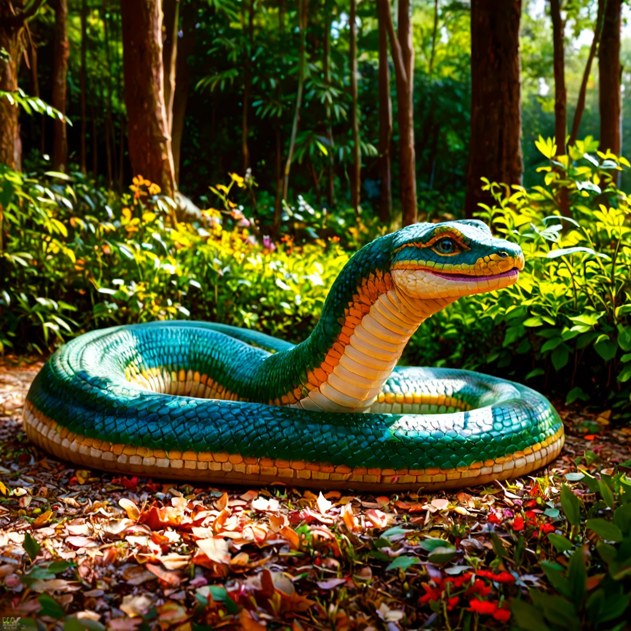 snake, feral, green scales, forest floor, cloaca, hemipenes, anatomically correct,