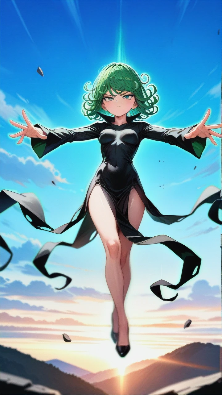 @tatsumaki, (perfect face: 1,2), (very skinny: 1,1), in torn black dress with long sleeve, floating, day, front view, serious, (outstretched_arms)