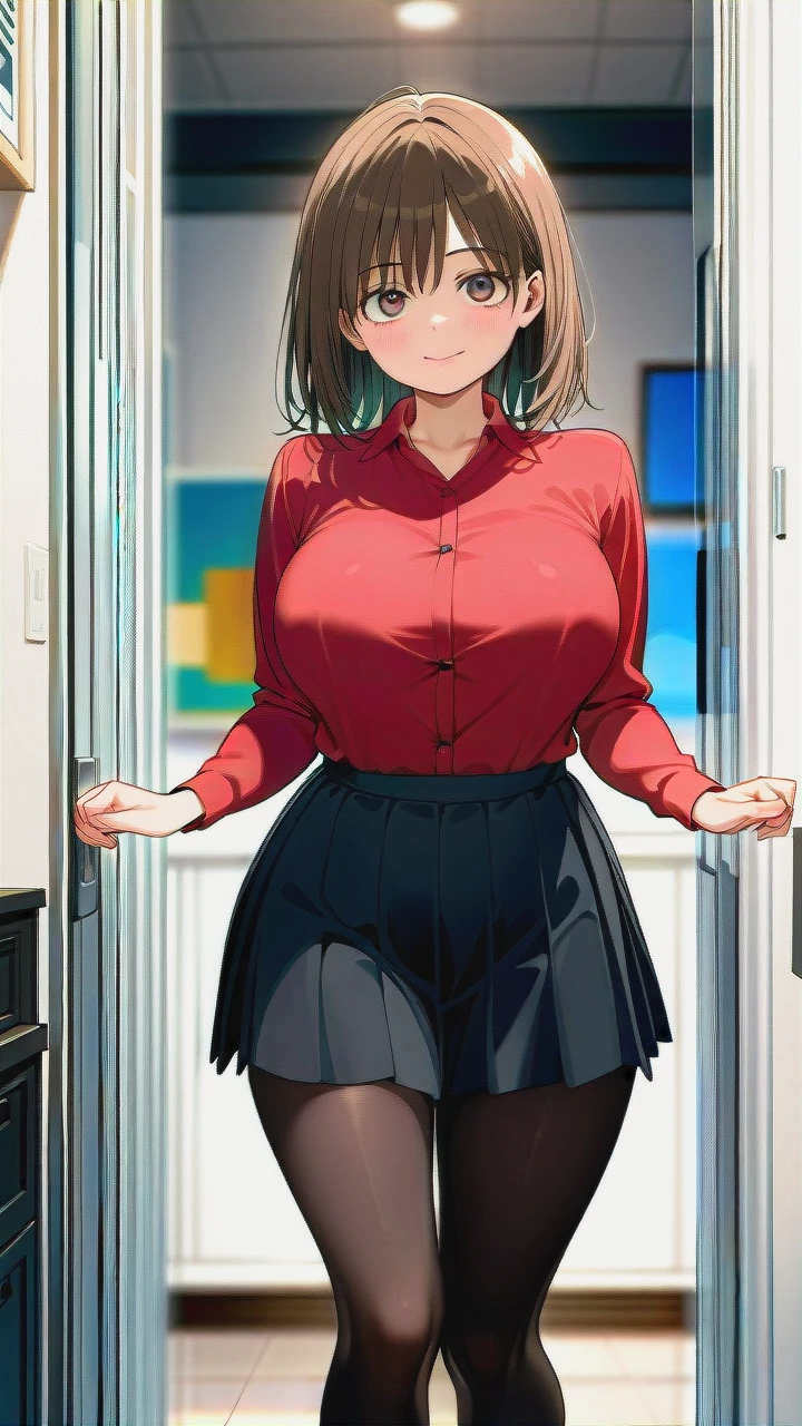 one woman, red shirt, black pleated skirt, black pantyhose, sexy pose, boobs, large breasts, cute face, beautiful face, big eyes, excited, medium hair, saddlebrown hair, from front, focusing, looking at viewer, in the office, high quality, Style Nora higuma