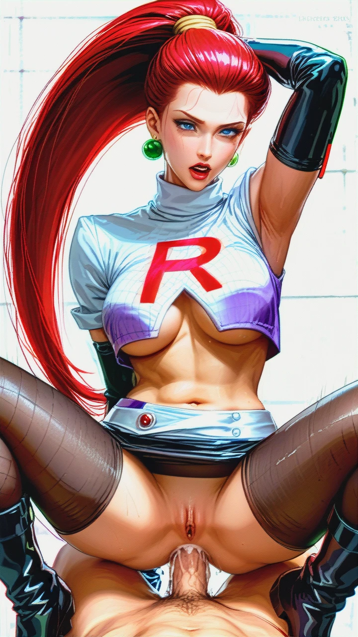 (eye_contact), (breasts_out), team rocket costume, (fucked_silly), (anal), reverse cowgirl, cum, (medium_breasts), (spread_legs), pantyhose, fishnet, long gloves, @ino_yamanaka, luminyu, thigh high black boots, (cunnilingus), blond hair, @jessie, black micro skirt, (multiple_views) (armpits), (reach-around), (fellatio)