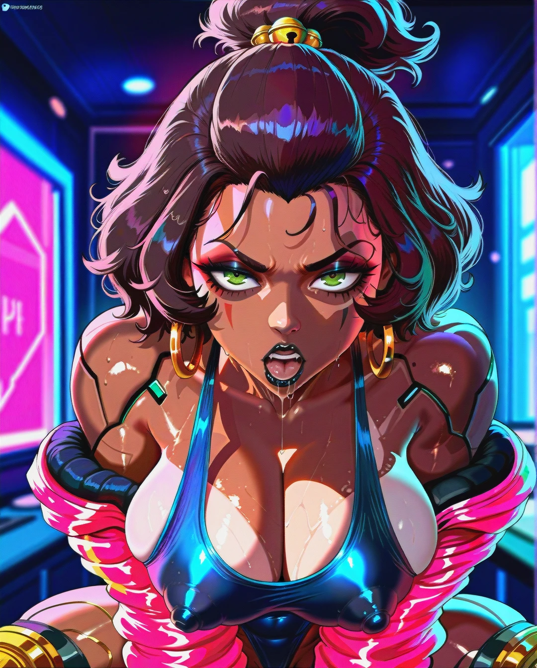 Setting: Cyberpunk 2077, dark room, neon lighting  Race: black woman, dark skin/black skin  Age: 40 years old  Facial Features:   face: white geometric upper-face plate (leaving mouth and eyes open)   green eyes   gold septum ring   multiple large, thick gold hoop earrings (lobe)   plump enhanced puffy lips, black lipstick   expression: neutral, annoyed, bored  Hairstyle: wavy topknot, brown hair, curly hair  Body Type: muscular body, thick body, plump muscular, colossal breasts, abnormally huge tits, heavy boobs, erect nipples (visible barbell piercing)  Cybernetic Arms: cybernetic arms (blue, pink spikes, sharp pink nails)  Cybernetic Legs: cybernetic legs (velvet texture, pink details, elaborate knee design), high-heeled, pink  Clothing - Upper Body: neon yellow jacket (black accents)  Clothing - Lower Body: blue swimsuit (deep cleavage)  Art Style: kuvshinov, krekkov, shadman, cutesexyrobutts, hentai, cartoony, glossy, cell-shaded, detailed, booruguru  Details: liquids, makeup wet, sweat, mascara, saliva 