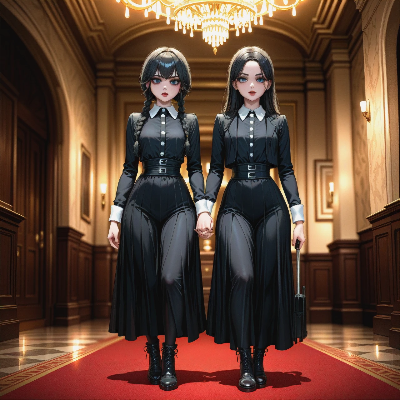 2girls, Wednesday Addams, hall, full body, @mavis_dracula, (holding_hands), detailed  detailed faces, (looking_to_the_viewer), looks like in origin,