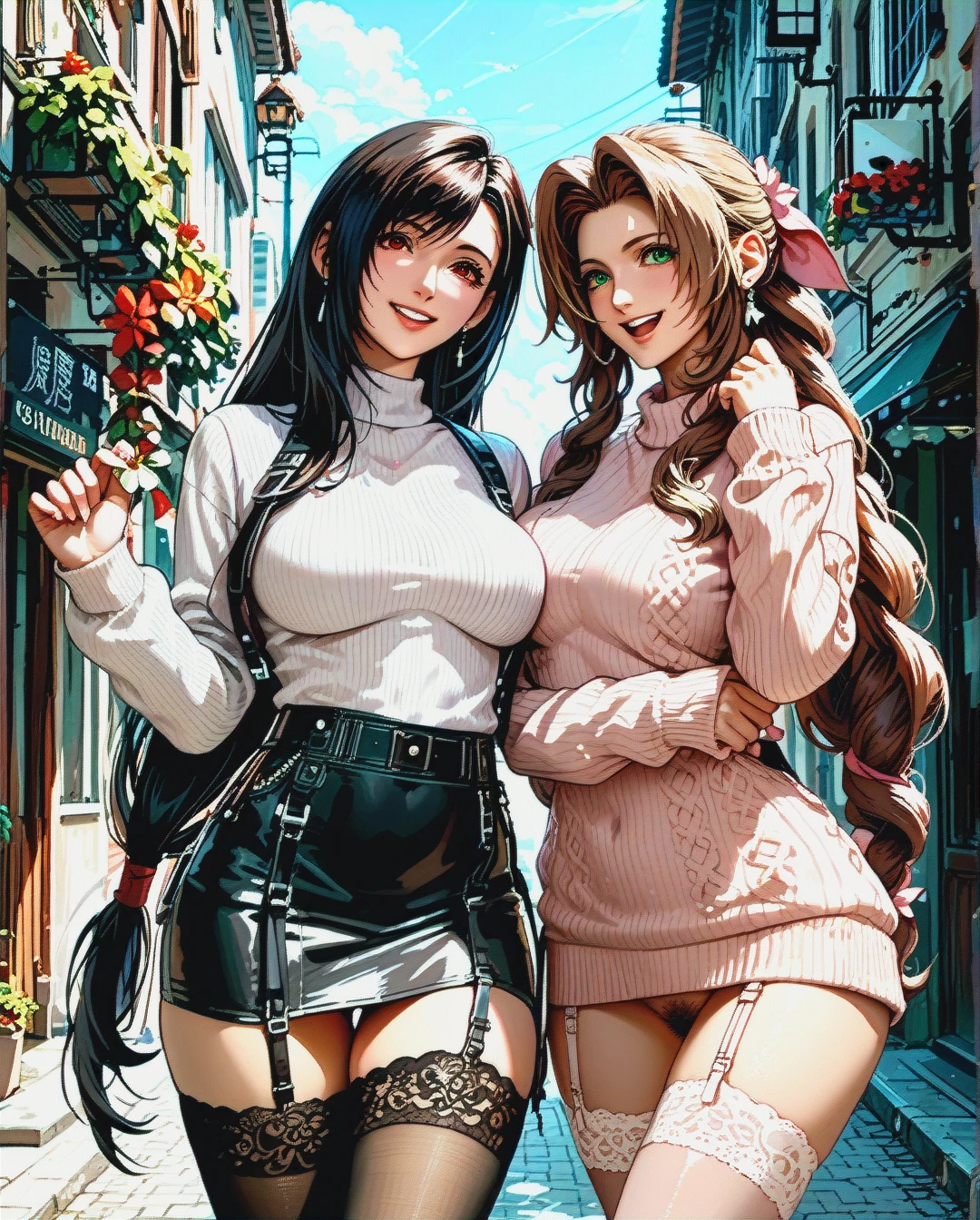 2 girls, tifa, aerith, happy, sweater, garter belt, pubic hair,