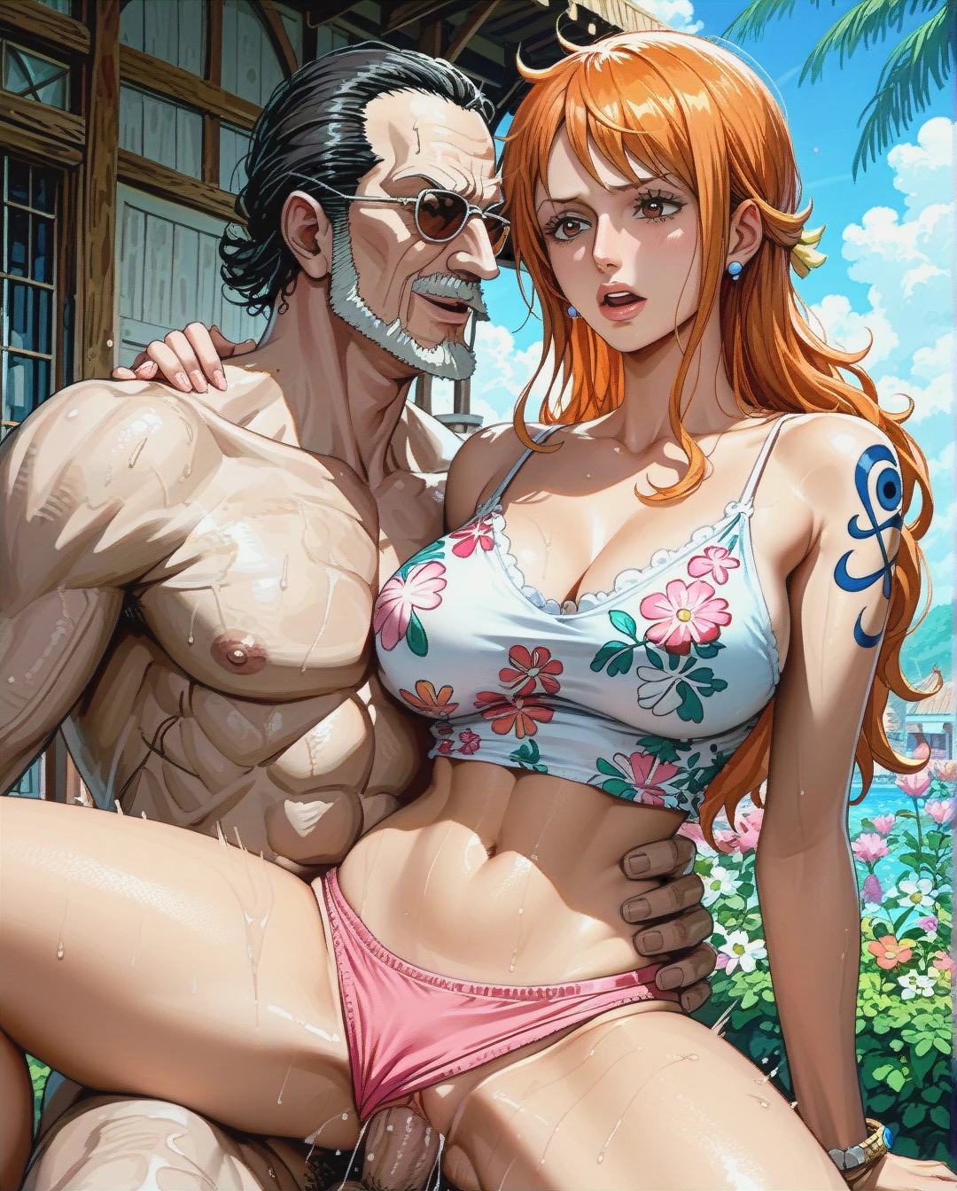 @nami, attack on titan, crop top camisole pink floral, underwear pink floral, outside, mature, sex,oldman