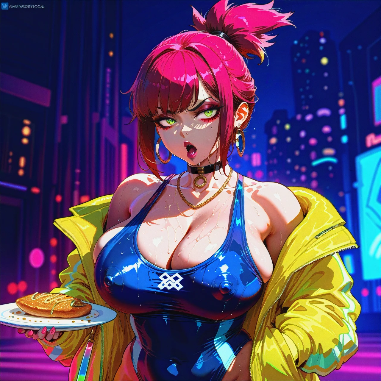 {   "setting": {     "environment": "Cyberpunk 2077",     "lighting": "dark room, neon lighting"   },   "character": {     "name": "Susanna Quinn",     "alias": "Susie Q",     "gang": "Mox",     "ethnicity": "black, african",     "skin_tone": "dark",     "age": 40,     "expression": "neutral, annoyed, bored",     "face": {       "plate": {         "location": "upper-face",         "color": "white",         "visibility": "visible eyes, visible lower face, open mouth"       },       "eyes": {         "color": "green"       },       "lips": {         "shape": "plump, enhanced",         "lipstick": "black"       },       "jewelry": {         "septum": "gold ring",         "earrings": "multiple, large, gold hoops (lobe)",         "other": "choker"       }     },     "hair": {       "style": "wavy topknot",       "color": "brown",       "texture": "curly"     },     "body": {       "build": "muscular, thick, plump",       "breasts": {         "size": "colossal, abnormally huge, heavy, gigantic",         "nipples": 