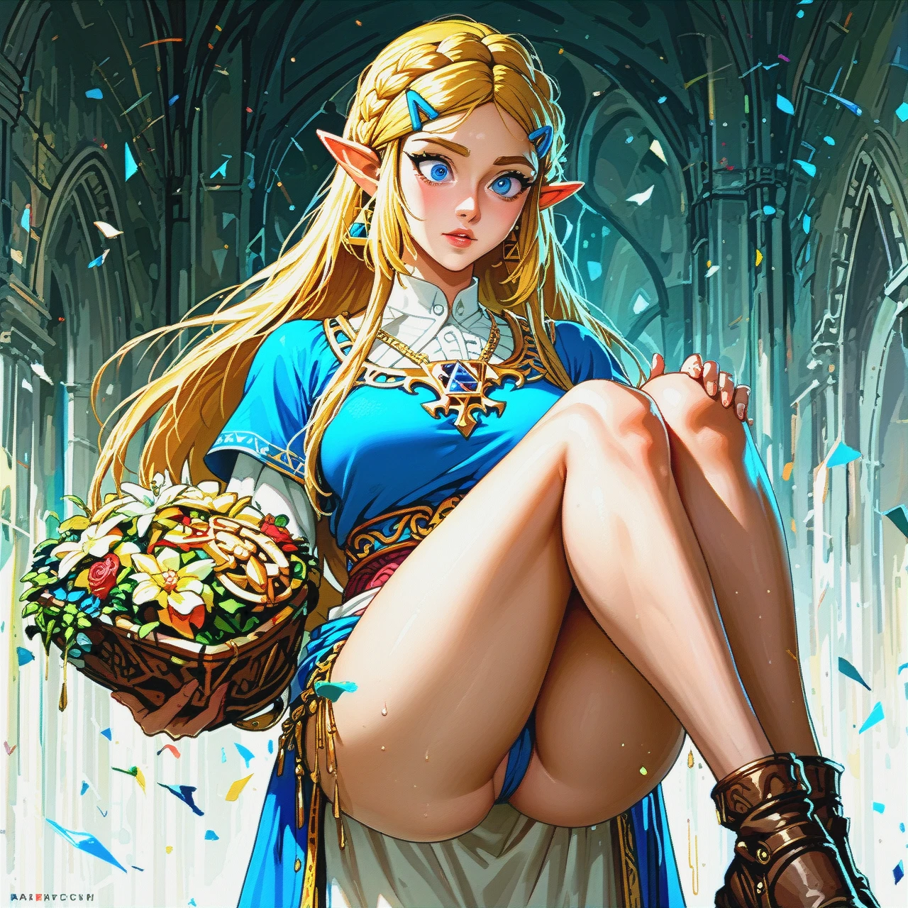 @princess_zelda, big boobs, princess carry, wide eyes, in dungeon