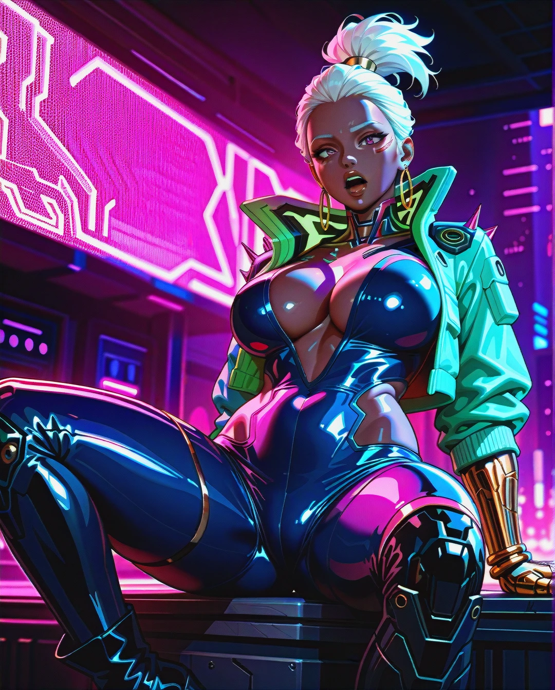 Setting: Cyberpunk 2077, dark, neon lighting  Character: black woman, dark skin, mature, african, black skin  Face:     faceplate: white, geometric, upper-face, open mouth, open eyes     eyes: brown     lips: full, glossy     jewelry: gold septum ring, multiple large gold hoop earrings (lobe)  Hair: topknot, black, loose strands  Body: curvy, large breasts, toned  Arms: cybernetic, chrome, pink spikes (forearms)  Legs: cybernetic, chrome, pink accents, elaborate knees  Clothing:     upper: neon green jacket (black accents), open     lower: bright blue bodysuit (high-cut)     feet: purple high-heeled boots (shiny)  Pose: sitting, legs slightly spread/crossed  Style: realistic, detailed, cyberpunk