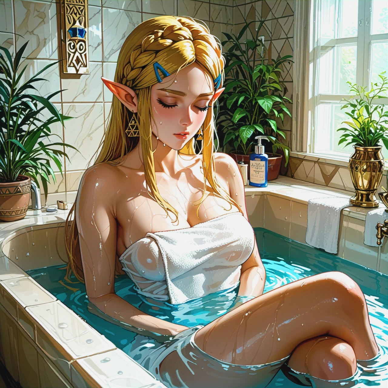 @princess_zelda, in towel, in bathroom, wet, sitting on bath, masturbation, closed eyes, breathing