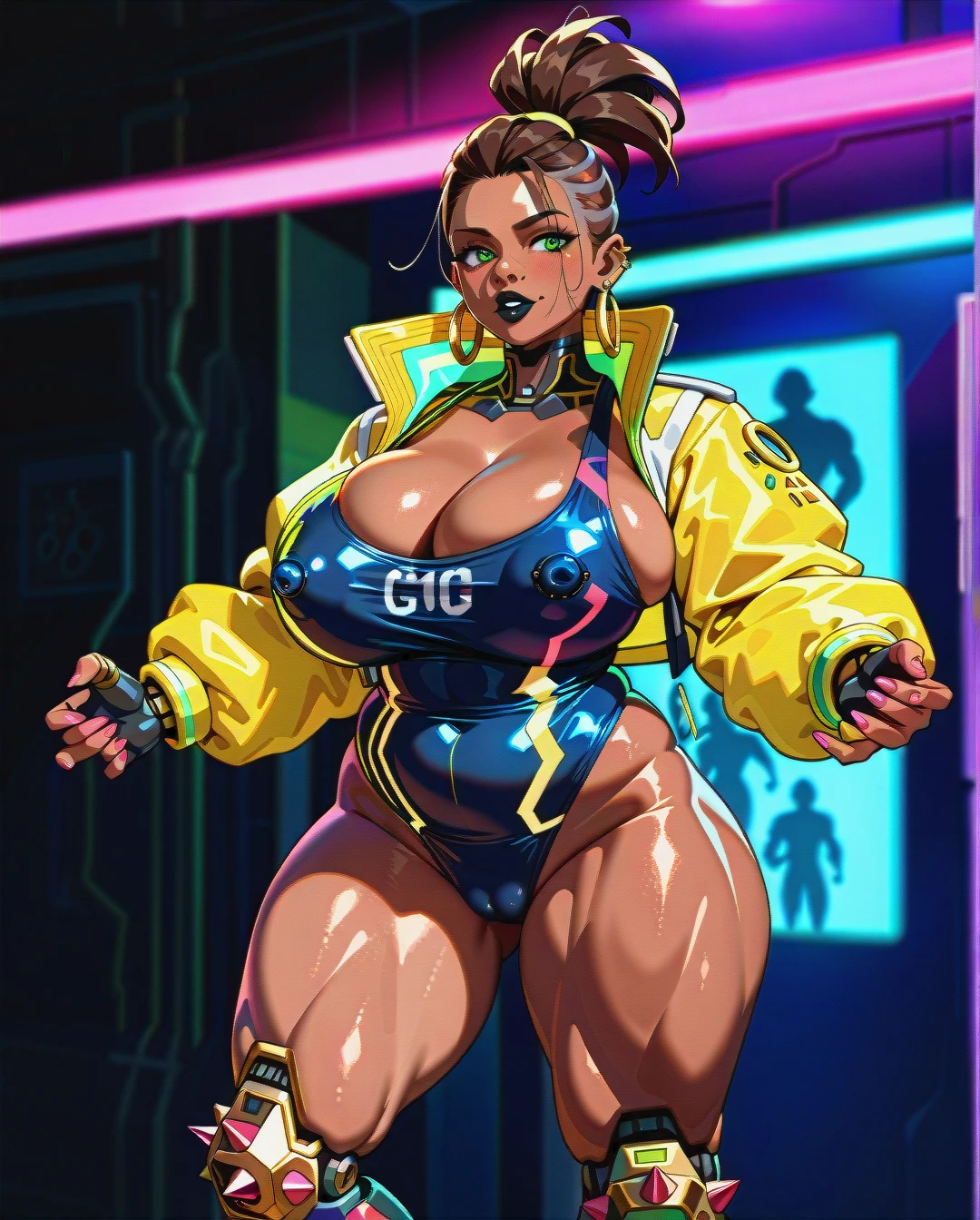 Setting: Cyberpunk 2077, dark room, neon lighting  Race: black woman, dark skin  Age: 40 years old  Facial Features: face: white geometric upper-face plate (leaving mouth open) green eyes gold septum ring multiple large gold hoop earrings (lobe) plump lips black lipstick expression: neutral   Hairstyle: wavy topknot, brown hair  Body Type: muscular body, thick body, colossal breasts, erect nipples (piercing under clothes, silhouette/bulge)  Cybernetic Arms: cybernetic arms (blue, pink spikes, sharp pink nails)  Cybernetic Legs: cybernetic legs (pink, elaborate knee design), high-heeled  Clothing - Upper Body: neon yellow jacket (black accents)  Clothing - Lower Body: blue swimsuit (deep cleavage)  Cyberpunk 2077, black woman, brown dark skin/black skin, green eyes, gold septum ring, a lot of gold hoop earrings (doubled, a lot, massive hoops, multiple, large, lobe), cybernetic arms (blue, pink spikes, sharp pink nails), cybernetic legs velvet, pink details, elaborate knee design), nose septum piercing, neon ye