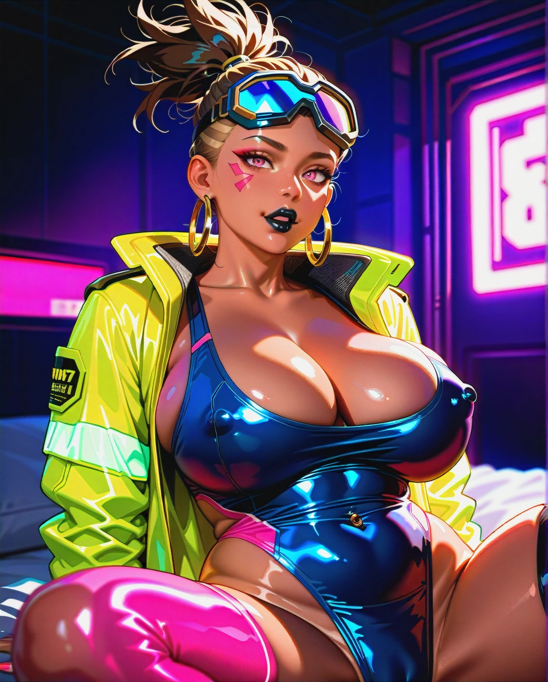 Setting: Cyberpunk 2077, dark room, neon lighting  Race: black woman, dark skin  Age: 40 years old  Facial Features: face: white geometric upper-face plate (leaving mouth open) green eyes gold septum ring multiple large gold hoop earrings (lobe) plump lips black lipstick expression: neutral  Hairstyle: wavy topknot, brown hair  Body Type: muscular body, thick body, colossal breasts, erect nipples (visible barbell piercing)  Cybernetic Arms: cybernetic arms (blue, pink spikes, sharp pink nails)  Cybernetic Legs: cybernetic legs (pink, elaborate knee design), high-heeled  Clothing - Upper Body: neon yellow jacket (black accents)  Clothing - Lower Body: blue swimsuit (deep cleavage)  Negative prompt: full mask, helmet, goggles, realistic, photorealistic