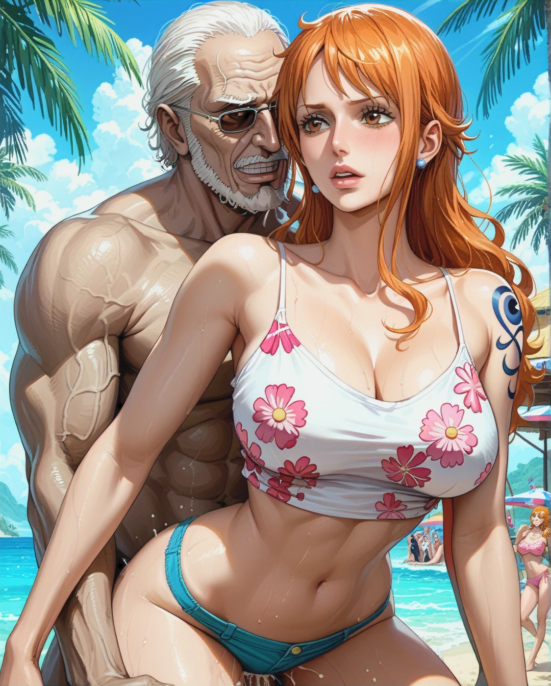 @nami, attack on titan, crop top camisole pink floral, underwear pink floral, outside, mature, sex,oldman