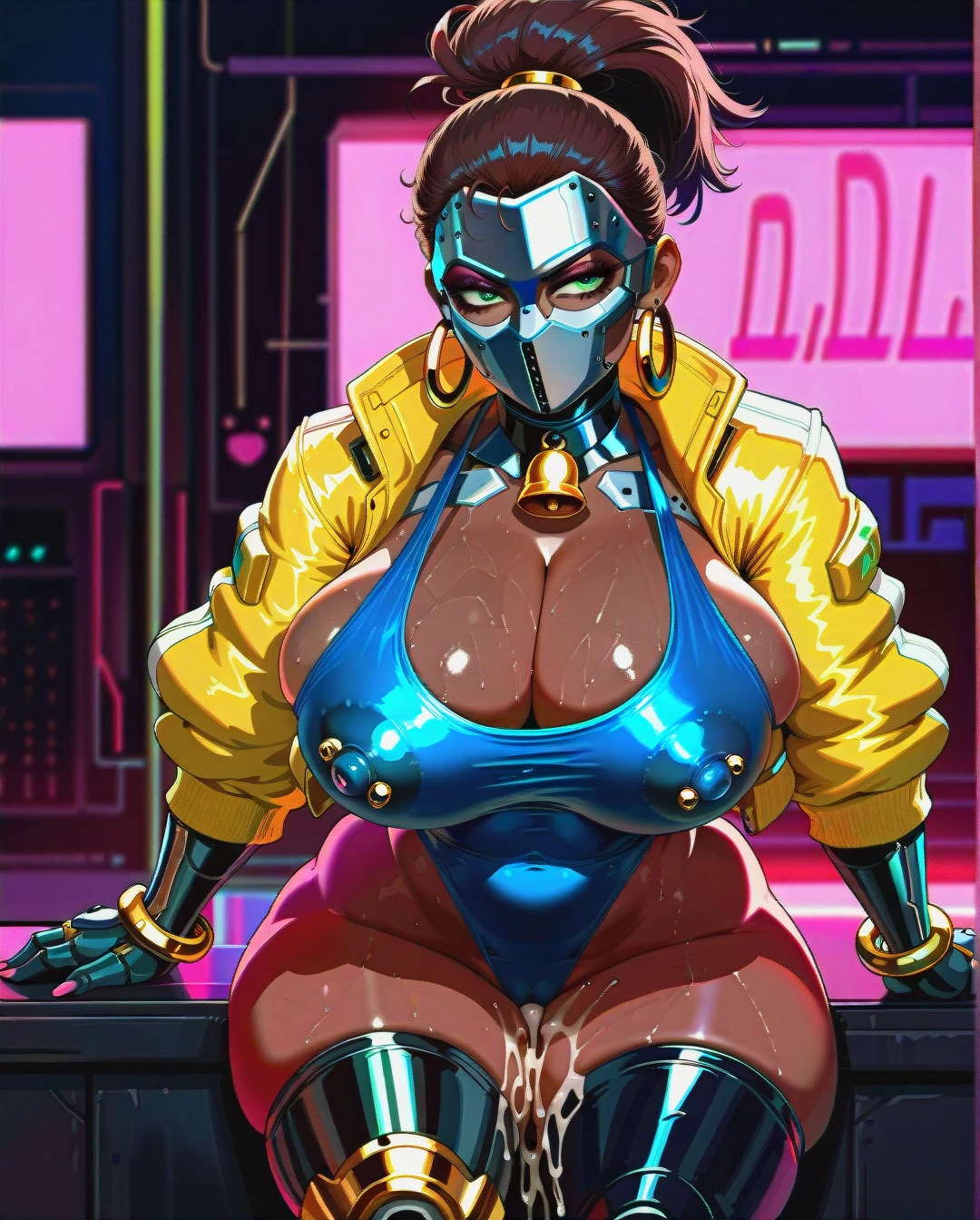 Cyberpunk 2077, black woman, brown dark skin/black skin, green eyes, gold septum ring, a lot of gold hoop earrings (doubled, a lot, massive hoops, multiple, large, lobe), cybernetic arms (blue, pink spikes, sharp pink nails), cybernetic legs velvet, pink details, elaborate knee design), nose septum piercing, neon yellow jacket (black accents), blue swimsuit (deep cleavage), high-heeled pink cyberlegs, colossal breasts, milf, muscular, abnormally huge tits, heavy boobs, erect nipples (visible barbell piercing nipples), muscular body, thick body, plump muscular, white faceplate, pink cyberlimbs, septum piercing golden, a lot of huge and chunky hoop earrings  hairstyle: wavy topknot, brown hair  (white faceplate, halfmask faceplate, white color) expression: neutral, annoyed, bored  makeup: plump enhanced puffy lips, black lipstick  age: 40 years old  dark room, neon lighting  breast size: (gigantic_breasts), revealed  art style: kuvshinov, krekkov, shadman, cutesexyrobutts, hentai, cartoony, glossy, cell-shaded,