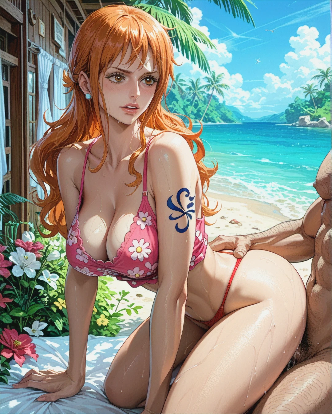 @nami, attack on titan, crop top camisole pink floral, underwear pink floral, outside, mature, sex,oldman